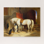 WEISSE PFERDE MIT HUNDEN UND FALKEN IN STABILER PUZZLE (Horizontal)