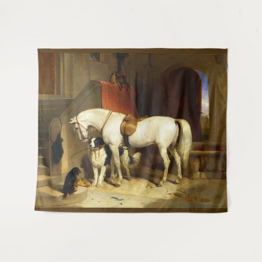 WEISSE PFERDE MIT HUNDEN UND FALKEN IN STABILER WANDTEPPICH (Vorderseite (Horizontal))
