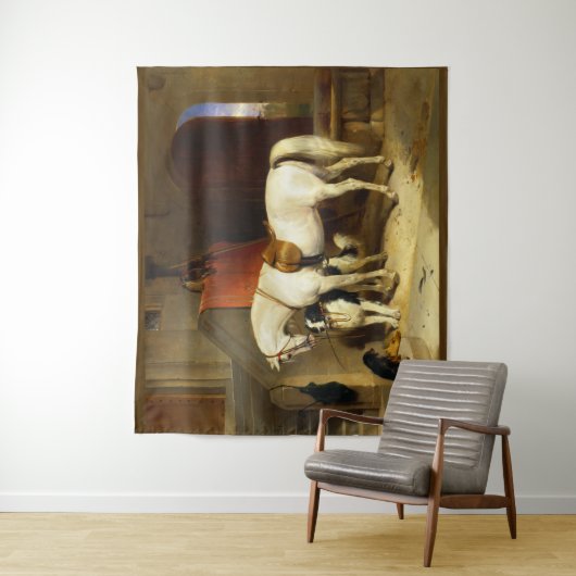 WEISSE PFERDE MIT HUNDEN UND FALKEN IN STABILER WANDTEPPICH (Beispiel)