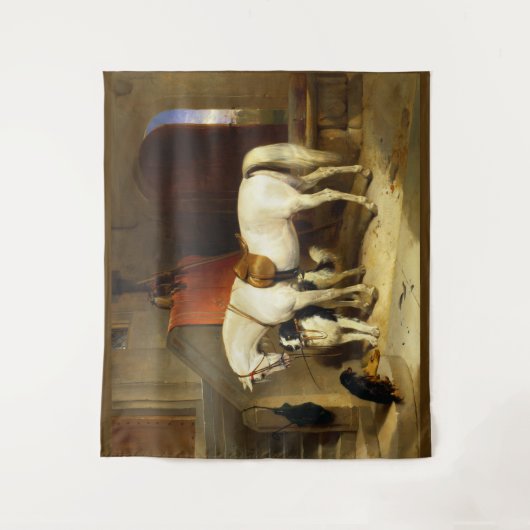 WEISSE PFERDE MIT HUNDEN UND FALKEN IN STABILER WANDTEPPICH (Vorderseite)