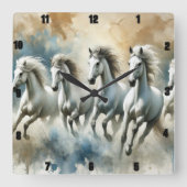 Weiße Pferde Moderne Galopp-Bewegung Quadratische Wanduhr (Vorderseite)