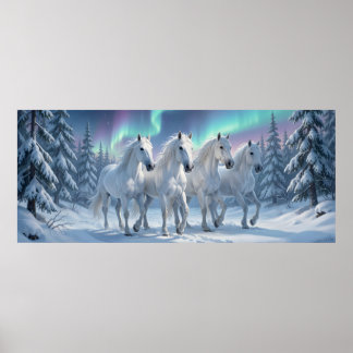 Weiße Pferde unter dem Nordlicht im Winterwald Poster