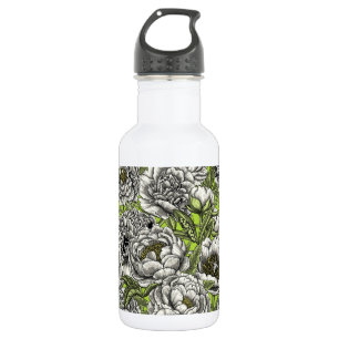 Weiße Pfingstrosenblüten und Motten Edelstahlflasche