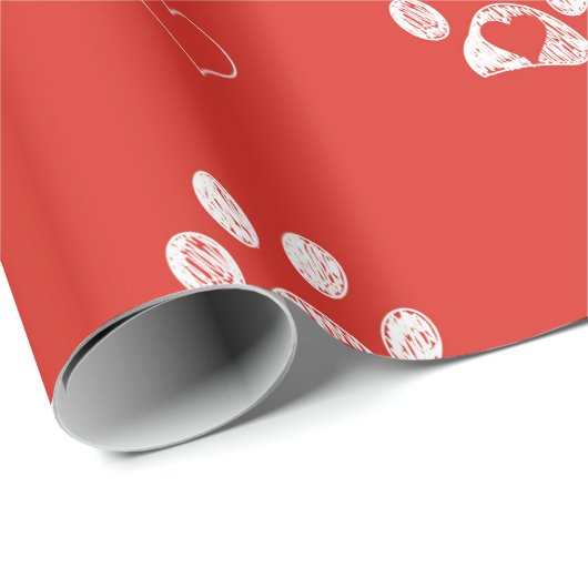 Weiße Pfoten mit rotem Hintergrund Geschenkpapier (Rolleneckpunkt)