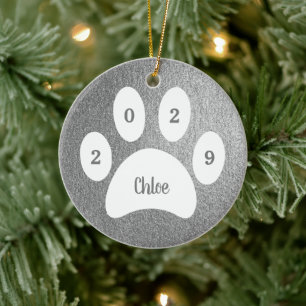 Weiße Pfotenabdruck-Silberkatze Foto mit Namen Jah Keramik Ornament