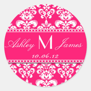 Weiße Pinke Monogramm Damast Save-the-Date-Aufkleb Runder Aufkleber