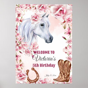 Weiße pinkfarbene Blume Cowgirl Geburtshilfe willk Poster
