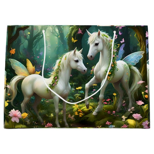 Weiße Pixie Fantasy Pferde im magischen Garten, Große Geschenktüte (Vorderseite)