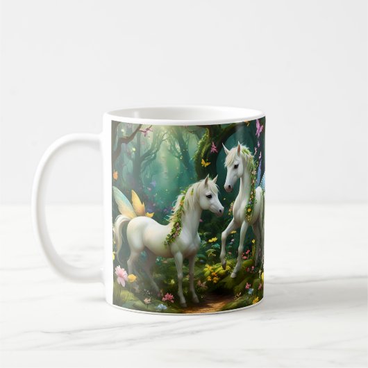 Weiße Pixie Fantasy Pferde im magischen Garten, Kaffeetasse (Links)