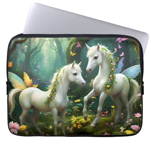 Weiße Pixie Fantasy Pferde im magischen Garten, Laptopschutzhülle (Vorderseite)
