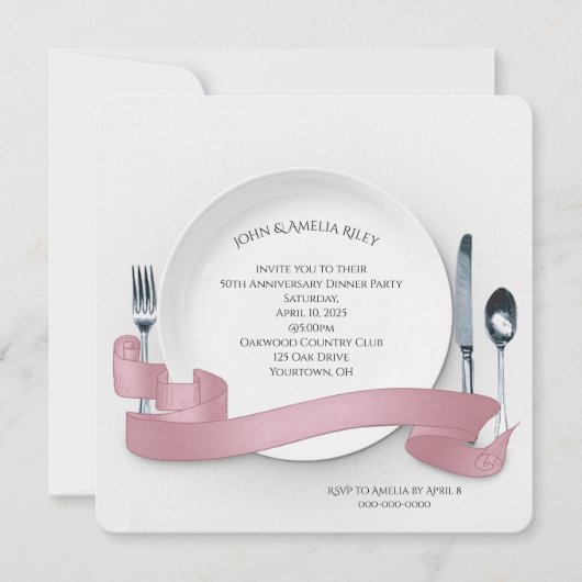 Weiße Platte mit Silberbesteck Party und Banner Einladung (Vorderseite)