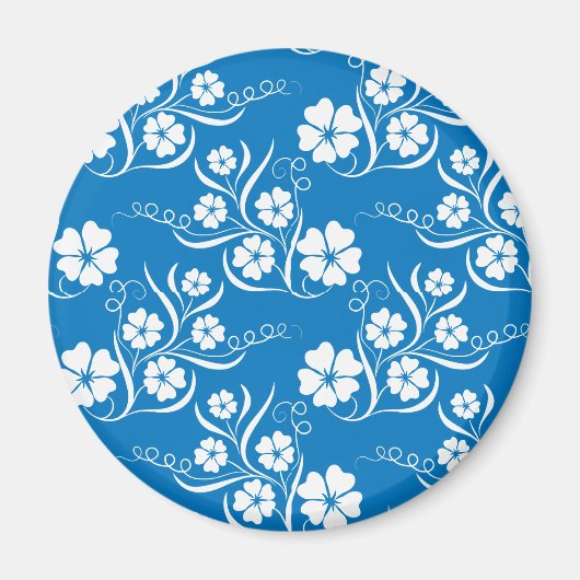 Weiße Plumeria auf blauem Muster Magnet (Vorne)