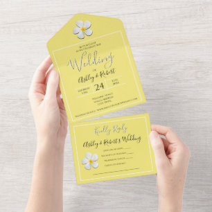 Weiße Plumeria-Blume auf Gelb, Moderne Hochzeit All In One Einladung