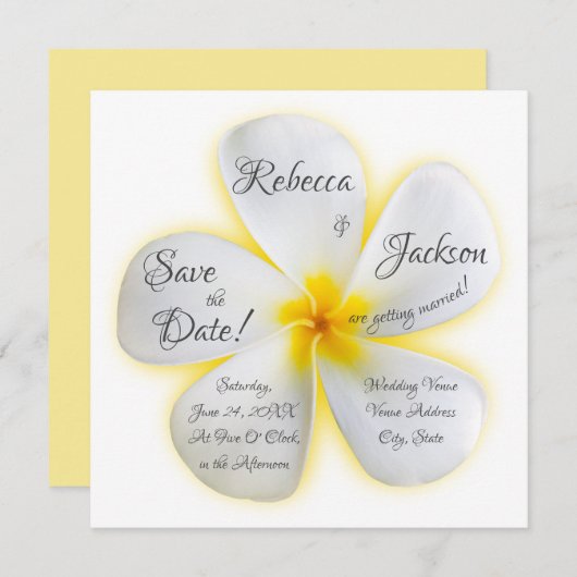 Weiße Plumeria-Blume, Gelb, Hochzeit, Rett Einladung (Vorne/Hinten)