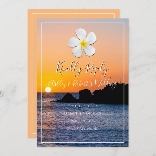 Weiße Plumeria Blume mit goldenem Sonnenuntergang, Einladung (Vorne/Hinten)
