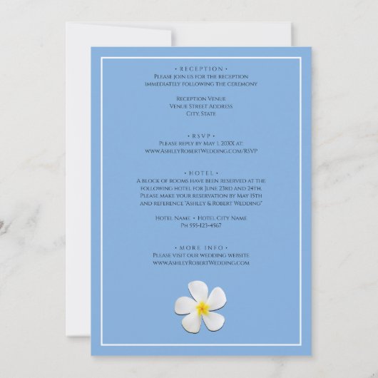 Weiße Plumeria-Blume mit tropischem Strand, Hochze Einladung (Rückseite)