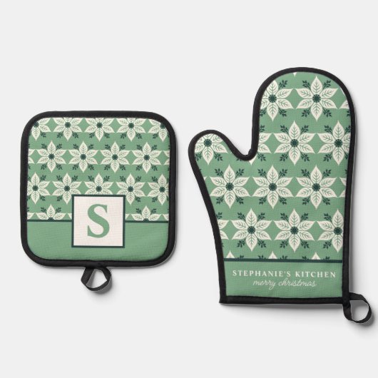 Weiße Poinsettia Mit Monogramm grüne Blüte Ofenhandschuh & Topflappen-Set (Vorderseite)