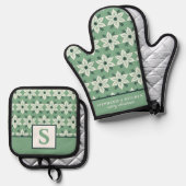 Weiße Poinsettia Mit Monogramm grüne Blüte Ofenhandschuh & Topflappen-Set (Vorderseite/Rückseite)