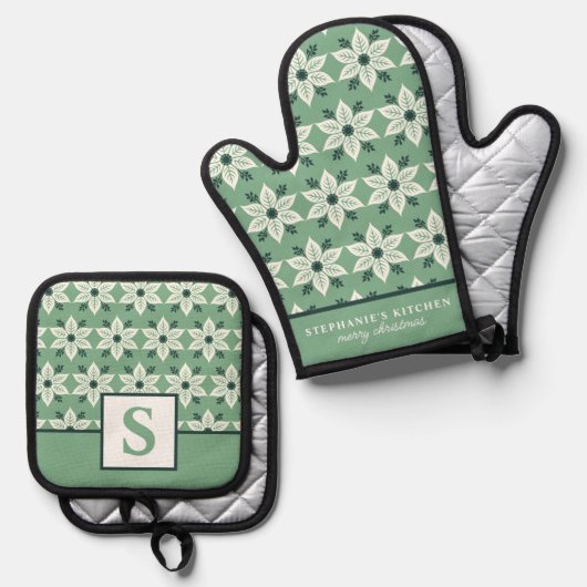 Weiße Poinsettia Mit Monogramm grüne Blüte Ofenhandschuh & Topflappen-Set (Vorderseite/Rückseite)