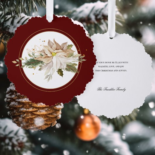 Weiße Poinsettia mit Pine & Gold GreenerenRed Ornament Karte