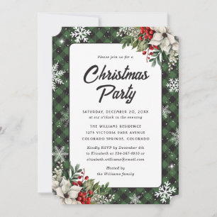 Weiße Poinsettie Grüne Karierte Weihnachtsfeier Einladung