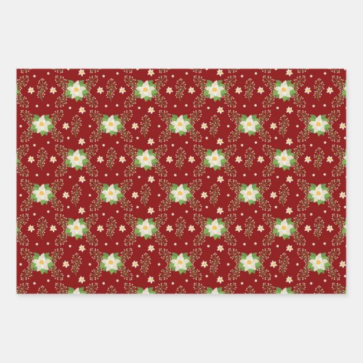 Weiße Poinsettien auf rotem Hintergrund Geschenkpapier Set (Vorderseite)