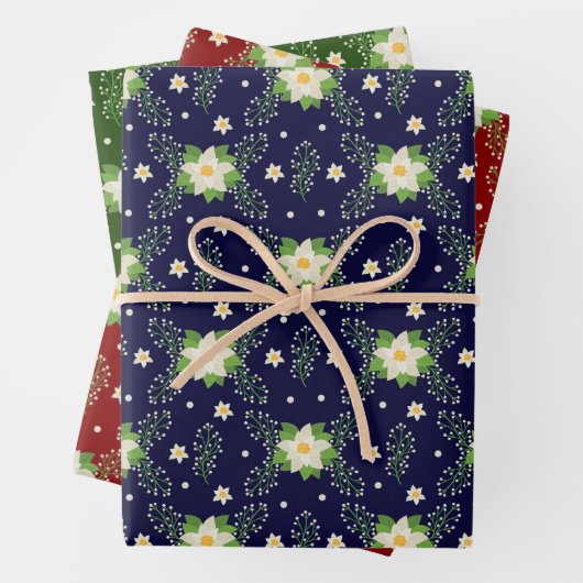 Weiße Poinsettien mit grünem Rot und blauem Hinter Geschenkpapier Set (Beispiel)