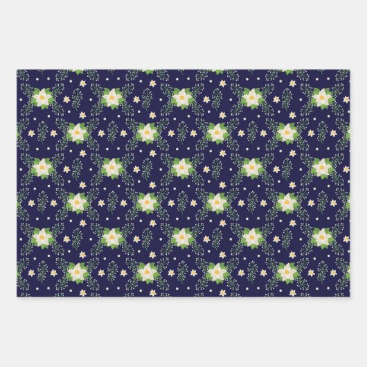 Weiße Poinsettien mit grünem Rot und blauem Hinter Geschenkpapier Set (Vorderseite)