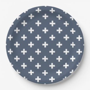 Weiße Polka-Kreuze auf blau-grau Pappteller