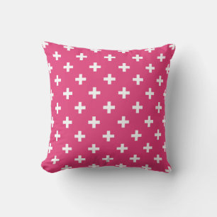 Weiße Polka-Kreuze auf Fuchsia Kissen