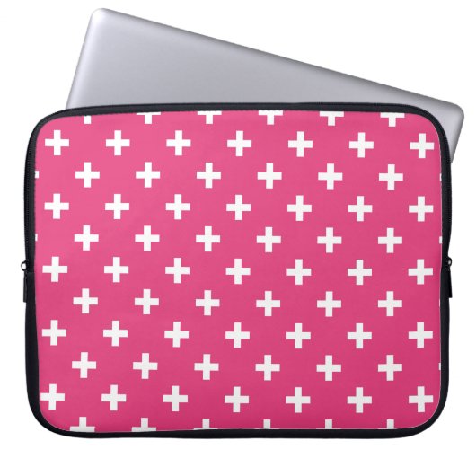 Weiße Polka-Kreuze auf Fuchsia Laptopschutzhülle (Vorderseite)