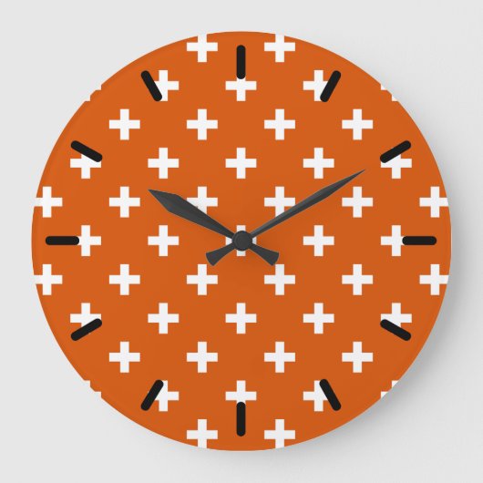 Weiße Polka-Kreuze auf verbrannter Orange Große Wanduhr (Vorderseite)
