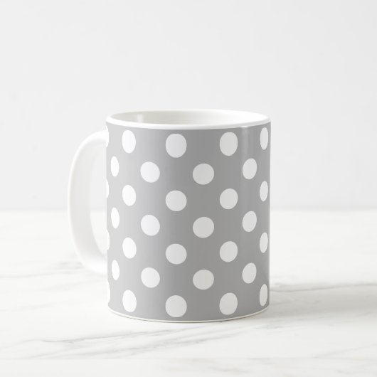 Weiße Polka Punkte auf Chrome Gray Hintergrund Kaffeetasse (Vorderseite Links)