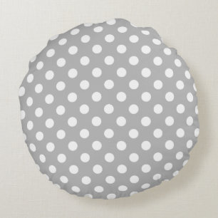Weiße Polka Punkte auf Chrome Gray Hintergrund Rundes Kissen