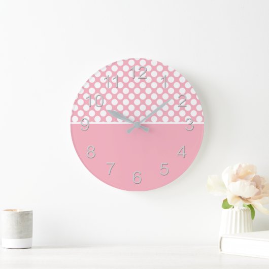 Weiße Polka-Punkte auf rosa Große Wanduhr (Zuhause)