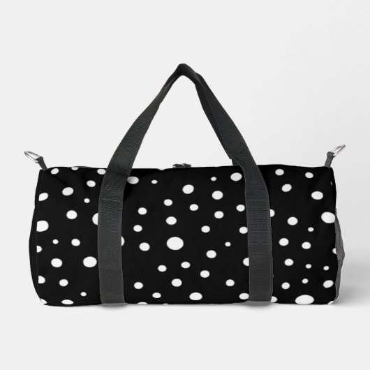 Weiße Polka-Punkte auf Schwarz Klein Duffle Bag (Vorderseite)