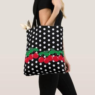 Weiße Polka Punkte auf Schwarz mit Kirschen Tasche