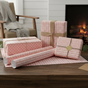 Weiße Polka Punkte Streifen Pfirsich Errötung Rosa Geschenkpapier Set