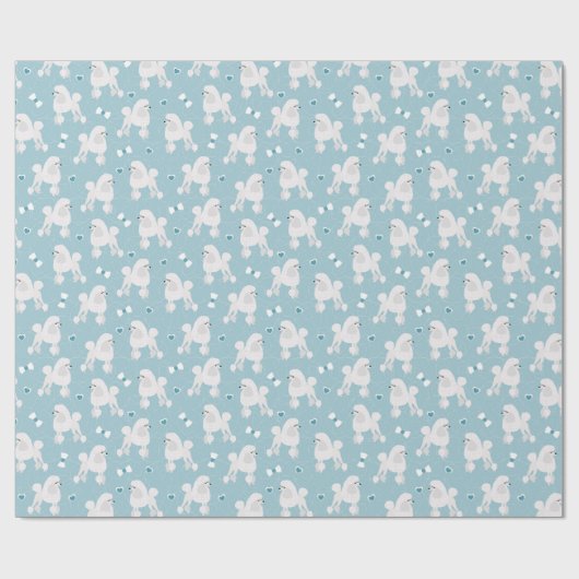 Weiße Poodles und Bows Muster Blau Geschenkpapier (Flach)