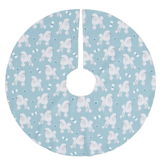 Weiße Poodles und Bows Muster Blau Polyester Weihnachtsbaumdecke (Vorderseite)