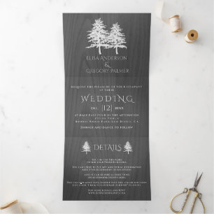 Weiße Prägung von Bäumen auf grauem Holz Winterhoc Dreifach Gefaltete Einladung