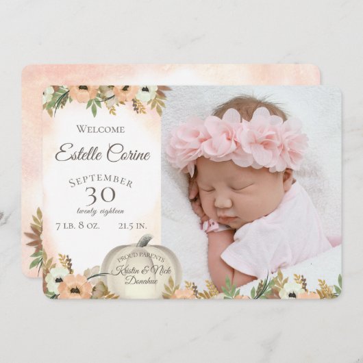 Weiße Pumpkin Floral Geburtsankündigung mit Foto Einladung (Vorne/Hinten)