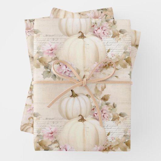 Weiße Pumpkins Pastell Pink Fall Wasserfarbe Blüte Geschenkpapier Set (Beispiel)