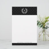 Weiße Punkte auf schwarzem Lorbeer-Monogramm-Polka Briefpapier (Stehend Vorderseite)
