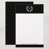 Weiße Punkte auf schwarzem Lorbeer-Monogramm-Polka Briefpapier (Vorne/Hinten)