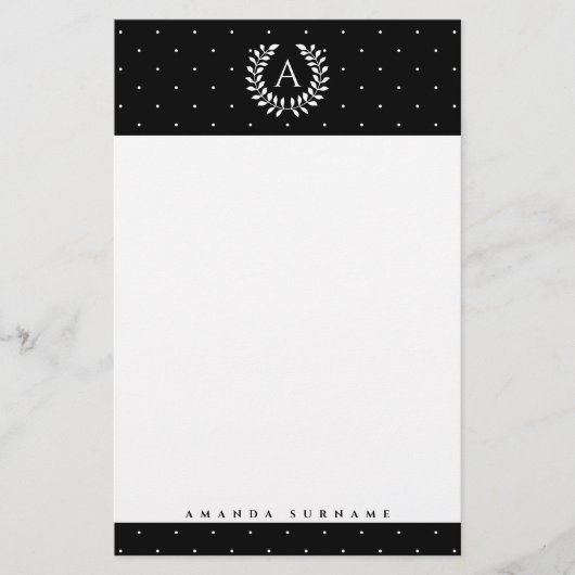 Weiße Punkte auf schwarzem Lorbeer-Monogramm-Polka Briefpapier (Vorderseite)