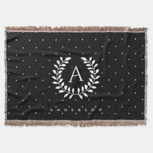 Weiße Punkte auf schwarzem Lorbeer-Monogramm-Polka Decke