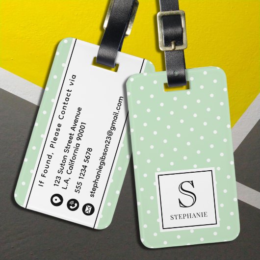 Weiße Punkte mit schwarzem Monogramm Grün Gepäckanhänger