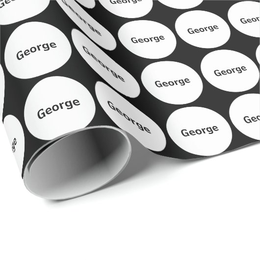 Weiße Punkte Muster auf schwarz mit Namen Geschenkpapier (Rolleneckpunkt)