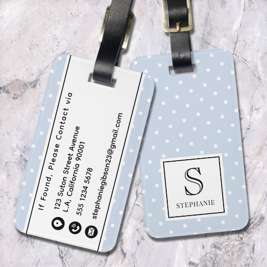 Weiße Punkte-Muster Monogramm & Name Blassblau Gepäckanhänger